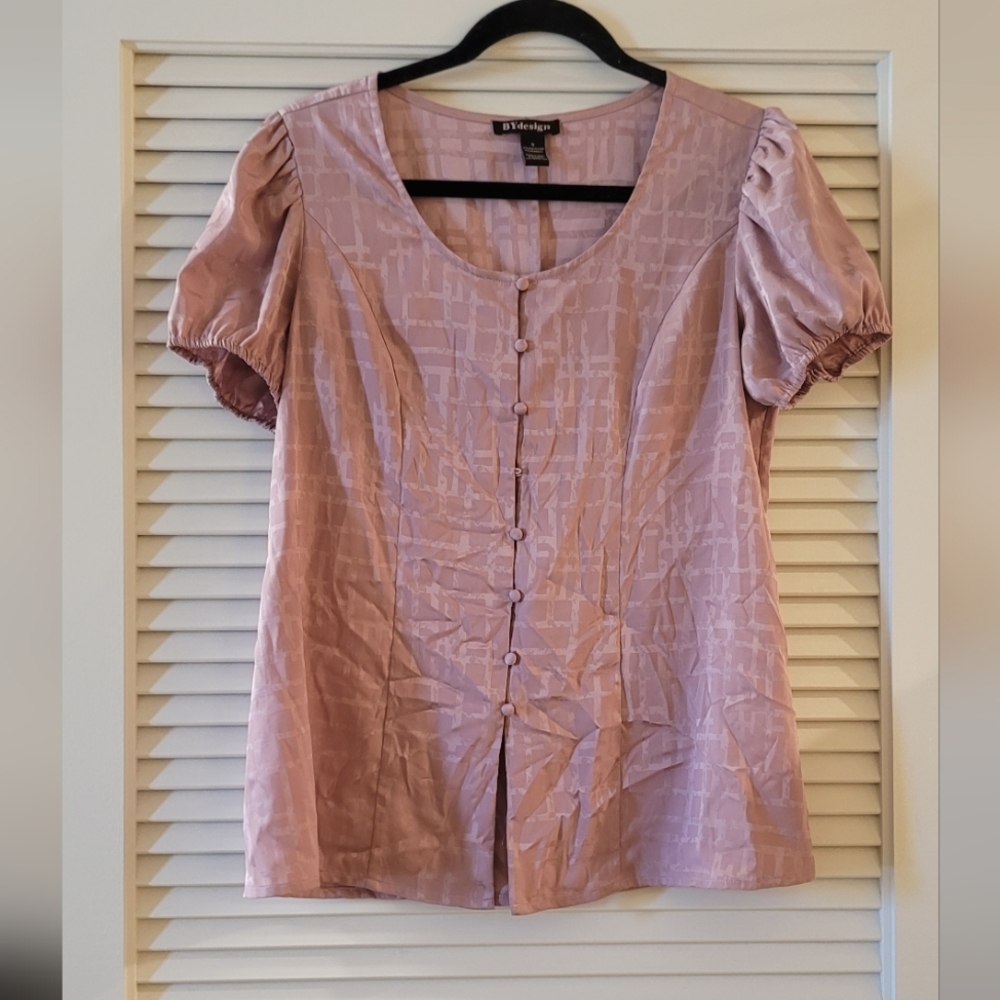 BYdesigns- Pink Puff-Sleeve Button Short-Sleeve Blouse Top